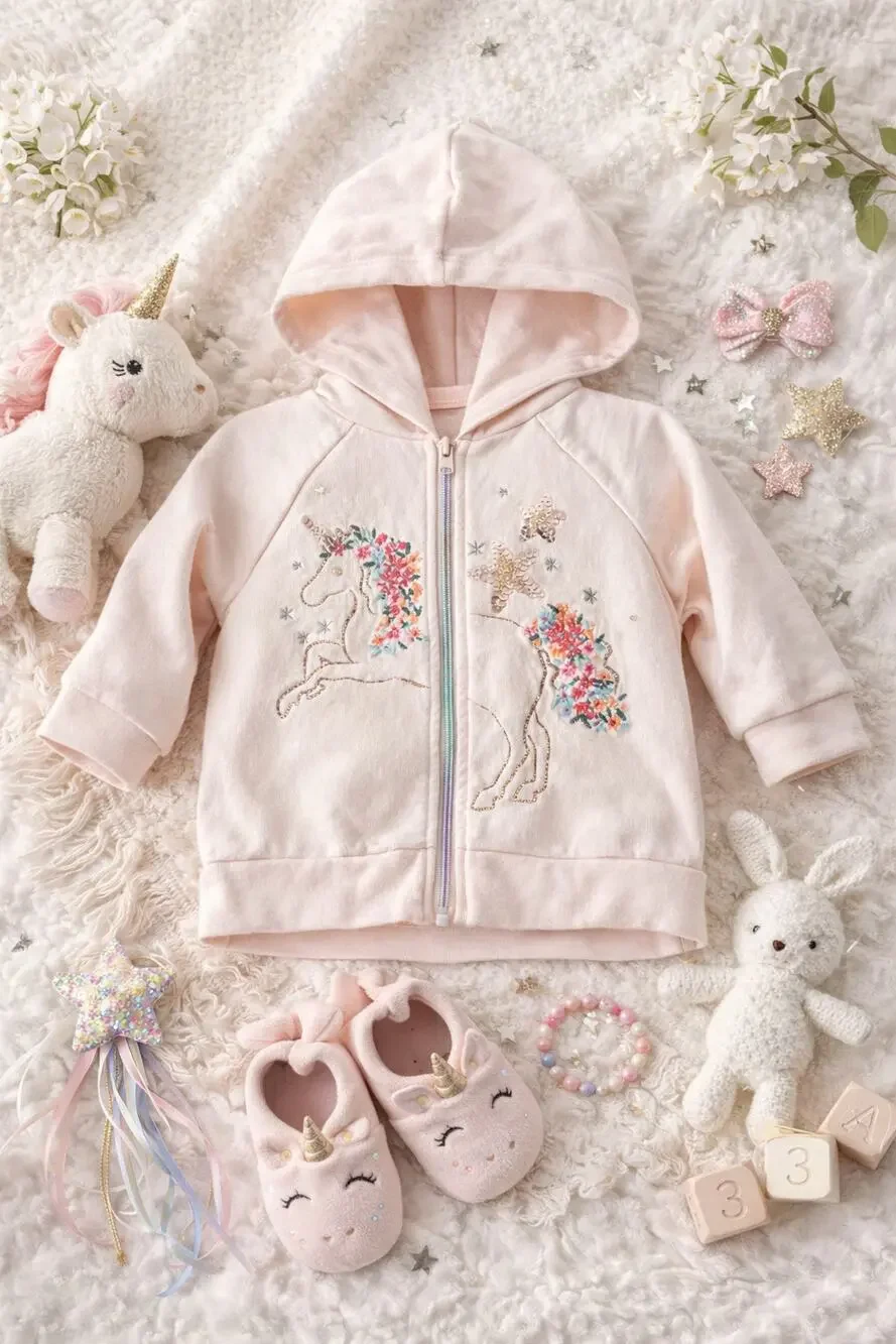 Peek Baby Girls Unicorn Rainbow Zipper Zip-Up Hoodie Jacket Pink Size 3–6 Months